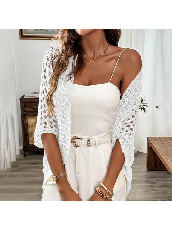 White Cardigan for Women Open Front Knitted Shrug Petite Half Sleeve Casual Cutout Outwear Coats XL