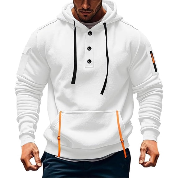 Qulqfy White Hoodie Men Pullover Cargo Henley Casual Long Sleeve Fall Hooded Sweatshirts Men's Fashion Hoodies & Sweatshirts S