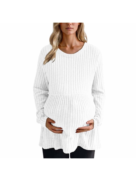 White Long Sleeve Shirts for Women Ribbed Maternity Plus Size Going Out Blouses Peplum Crew Neck Shirts for Women