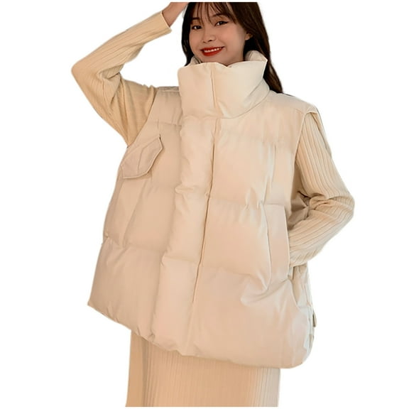 Qulqfy White Puffer Vest Women Sleeveless Puffy Warm Stand Collar Zip Up Quilted Jackets Women Winter Coats M