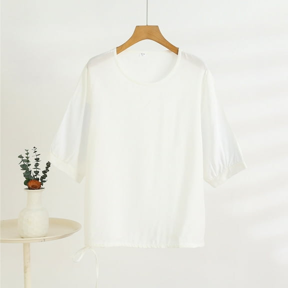 Qulqfy White Shirts Women Cute Crew Neck 3/4 Sleeve Shirts Drawstring Plain Women Petite Tops M