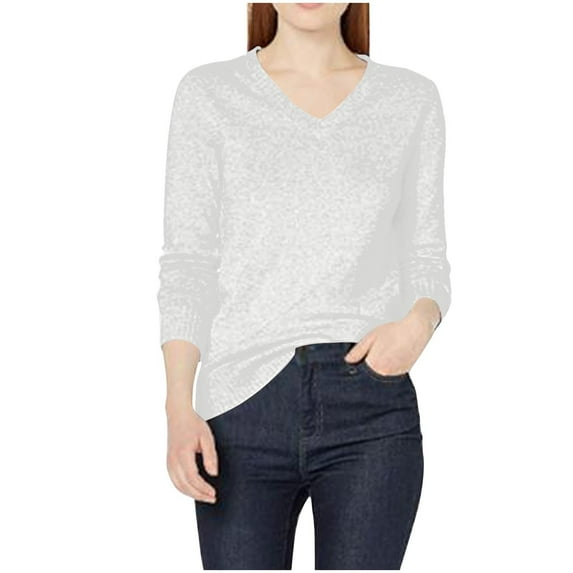 Qulqfy White Sweaters Women Tunic Petite V Neck Long Sleeve Fall Sweaters Women's Casual Tops 2XL
