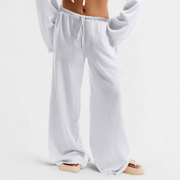 Qulqfy White Women's Pants in Store Wide Leg Lounge Leisure Low Rise Solid Baggy Flowy Pants Trouser for Girls S