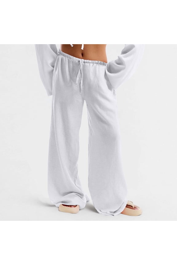 White Women's Pants in Store Wide Leg Lounge Leisure Low Rise Solid Baggy Flowy Pants Trouser for Girls S