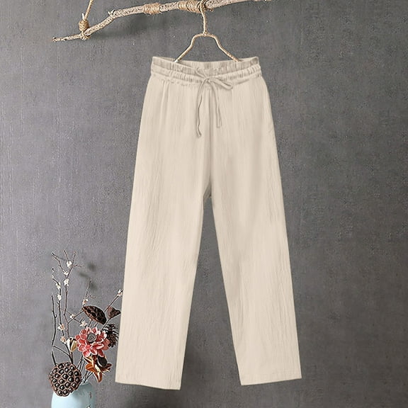 Qulqfy Wide Leg Pants for Women 2025 Cotton Linen Beige Plus Size Casual Solid Color Pants Jogging Pants for Women L