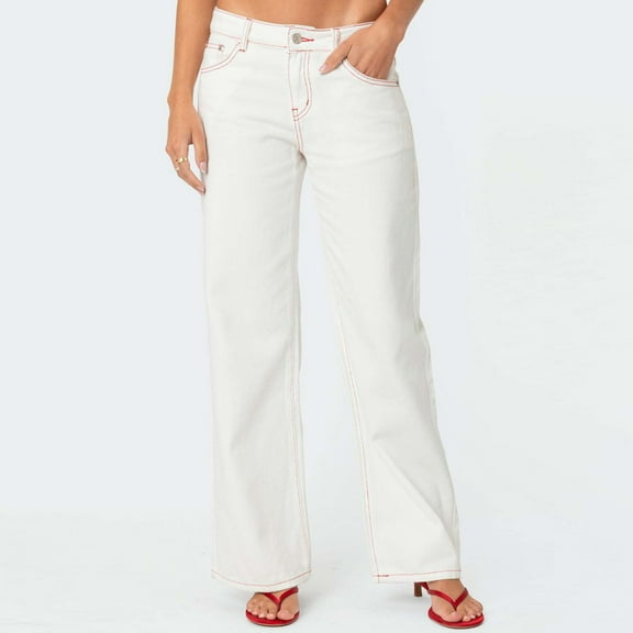 Qulqfy Wide Leg Women Jeans White Baggy Casual Graphic with Pocket High Waisted Denim Jeans Pants for Teens L
