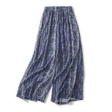Qulqfy Wide Leg Women Pants Summer Linen Palazzo Blue Flowy Baggy Graphic High Waisted Pants Athletic Pants for Women L