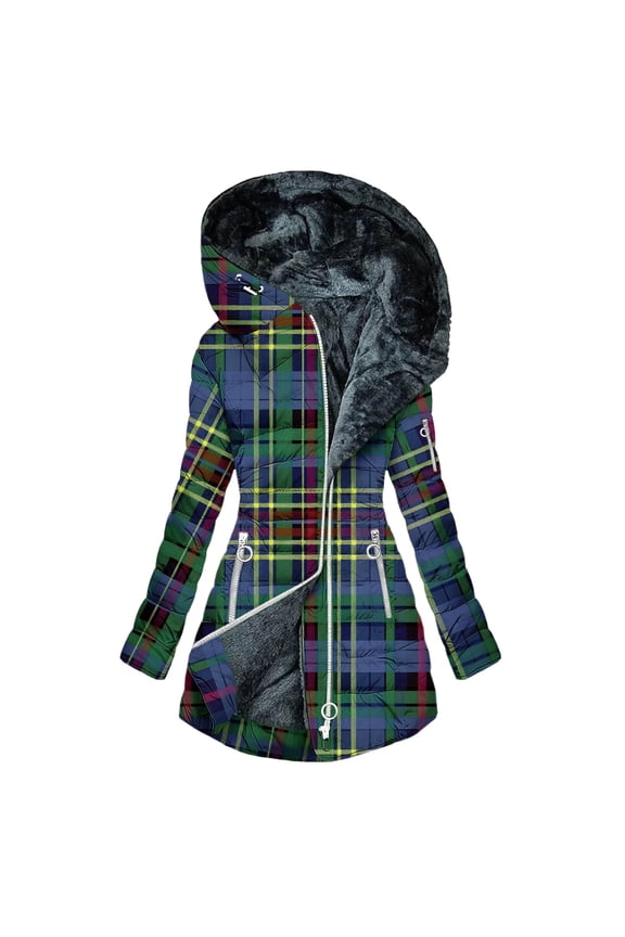 Winter Coats for Women Plaid Hooded Full Zip Up Trench Coat Casual Cotton Fleece Lined Peacoat Women's Trench Coat