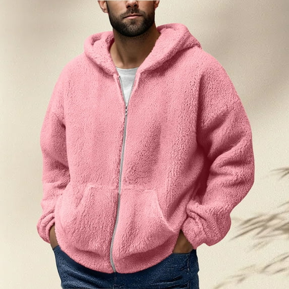 Qulqfy Winter Men Hoodie Fleece Pink Zip Up Fuzzy Long Sleeve Casual Hooded Fall Sweatshirts Mens Cardigan XXL