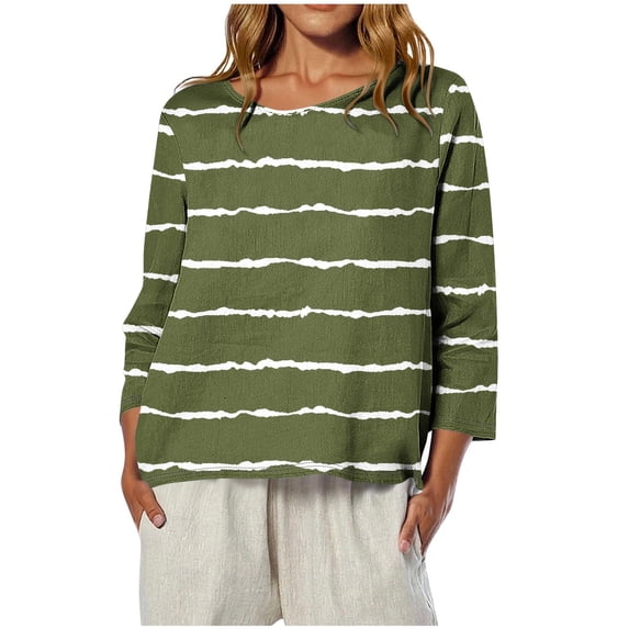 Qulqfy Women 3/4 Sleeve Shirts Striped Linen Green Blouse Casual Summer Spring Crew Neck Tops for Women L