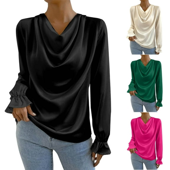 Qulqfy Women Black Tops Satin Ruffle Sleeve Cowl Neck Dressy Fall Blouses Women's Fancy Shirts XL