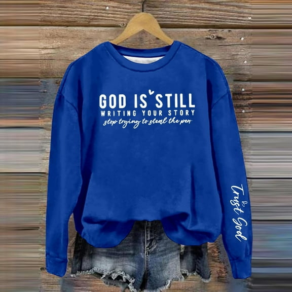 Qulqfy Women Blue Shirts Long Sleeve Pullover God is Still Writing Your Story No Hood Shirts Women's Graphic Blouses M