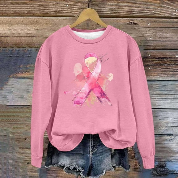 Qulqfy Women Breast Cancer Awareness Sweatshirts Pink Ribbon Crew Neck BCAD Shirts Womens Breast Cancer Tops L