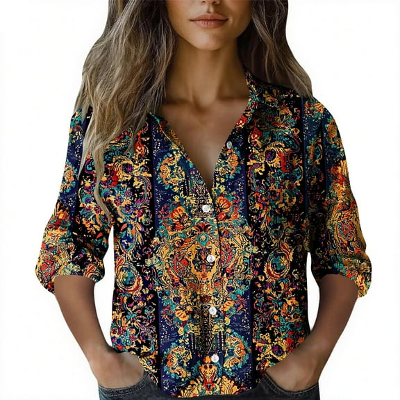 Qulqfy Women Button Down Shirt Long Sleeve Bronze Plus Size Boho Dressy Casual Shirts Tunic Collared Shirts Fall Tops for Women 2025