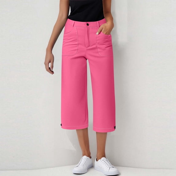 Qulqfy Women Capri Pants Flat Front Stretch Pink Wide Leg Dressy Capris Summer High Waisted Pants with Pockets Office Pants for Women S
