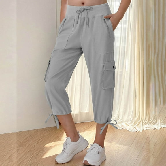 Qulqfy Women Cotton Capris High Waist Cargo Drawstring Wide Leg Gray Tie Side Capris 2XL