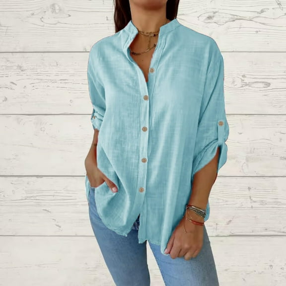 Qulqfy Women Cotton Shirts Rolled Sleeve Long Sleeve Blue Henley Shirts Fall Women's V Neck Blouses M