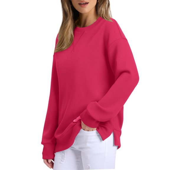 Qulqfy Women Crew Neck Sweatshirts Side Slit Embroidered Long Sleeve Sweatshirts Fall Pullover Women's Pink Tops 2XL