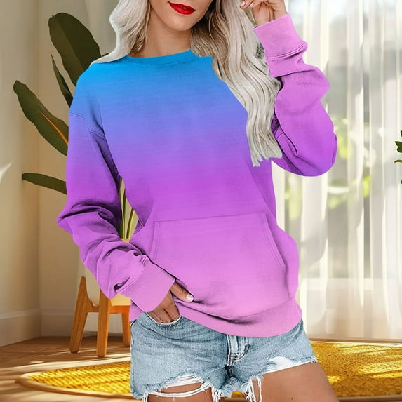 Qulqfy Women Crewneck Sweatshirts Light Blue Fall 2025 Tunic Wedding Shirts Hiking Tops for Women with Pouch 2XL