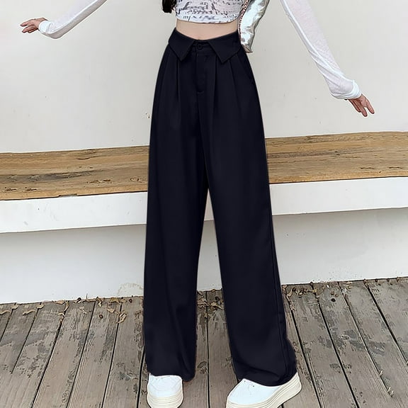 Qulqfy Women Dressy Pants Wide Leg Black Plain High Waist Pants Casual Womens Slim Trousers XL