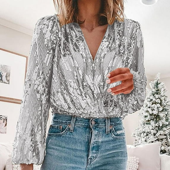 Qulqfy Women Gray Tops Cropped Sequin Long Sleeve V Neck Fashion Blouses Women's Party Shirts XL