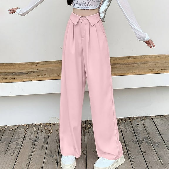 Qulqfy Women High Waist Pants Plain Wide Leg Dressy Pink Pants Casual Women's Slim Trousers XL