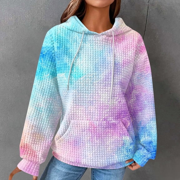 Qulqfy Women Hoodies Pink Waffle Knit Hooded Oversized Tie-Dye Sweatshirt Fall Long Sleeve Pullover Spring Shirts Dressy Tops for Women L