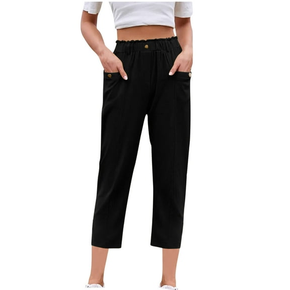 Qulqfy Women Linen Capris Taper Cotton High Waist Capris Casual Womens Black Pants with Pockets L