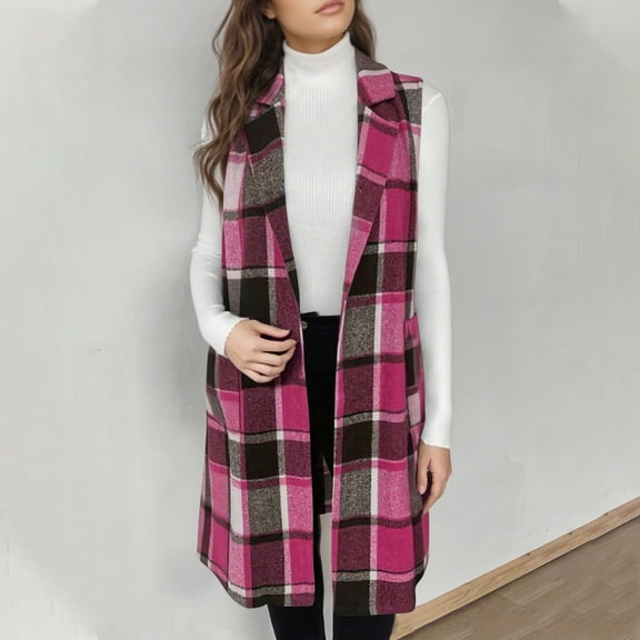 Qulqfy Women Long Vest Sleeveless Plaid Cardigan Open Front Fall Shawl Collar Winter Coat Womens Cardigan
