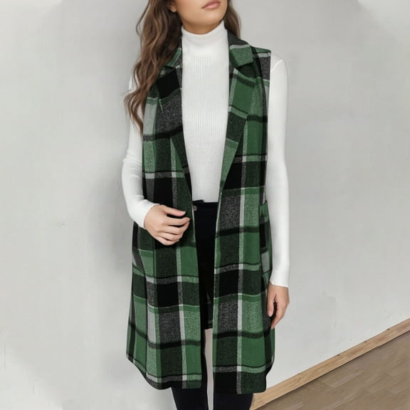 Qulqfy Women Long Vest Sleeveless Plaid Shawl Collar Cardigan Fall Open Front Winter Coat Women Cardigan