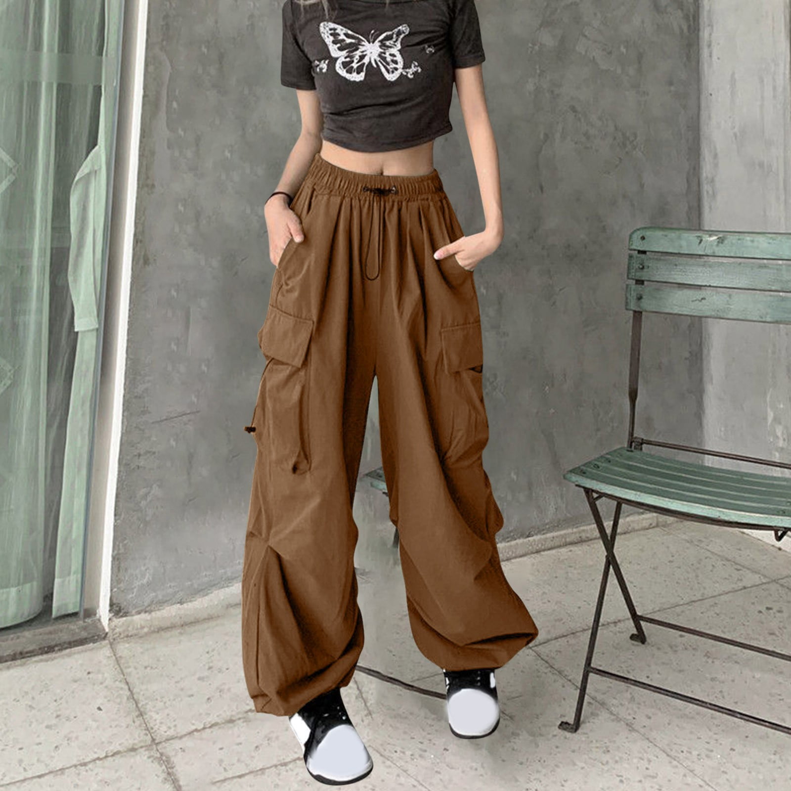 Qulqfy Women Parachute Pants Wide Leg Cargo Nylon Baggy Barrel Brown — free download
