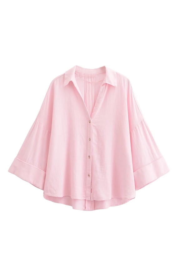 Women Pink Shirts Bell Sleeve Linen Button Down Shirts Summer Collared Solid Spring Work Tops for Women L