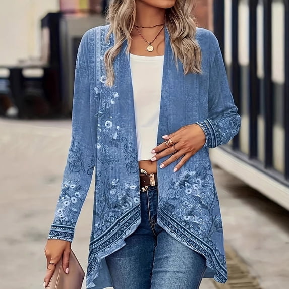 Qulqfy Women Plus Size Cardigans Open Front Long Boho Fall Retro Shirts Womens Blue Tops 2XL