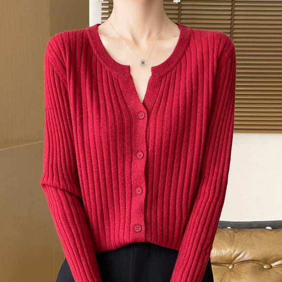 Qulqfy Women Ribbed Cardigan Sweaters Knitted Red Button-Up Henley Fall Sweaters Womens Lightweight Shirts M