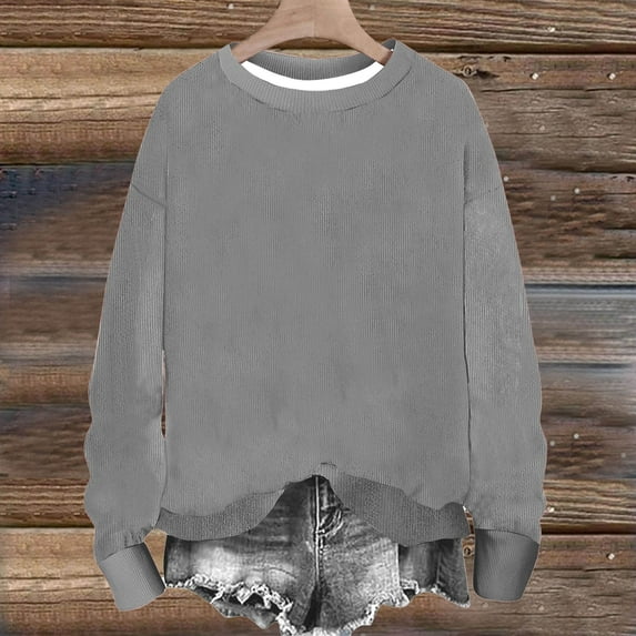 Qulqfy Women Ribbed Sweatshirts Crew Neck Long Sleeve Pullover Sweatshirts Plain Gray Fall Tops for Women M