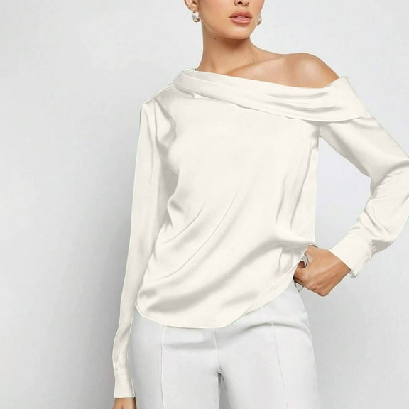 Qulqfy Women Satin Tops One Shoulder Long Sleeve Dressy Beige Fall Blouses Womens Fancy Shirts L