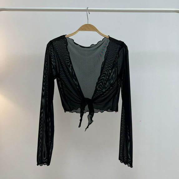 Qulqfy Women Sheer Cardigan Tie Front Long Sleeve Petite Black Tops Cropped Lightweight Shirts for Women