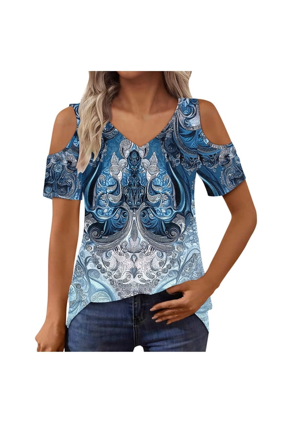 Women Short Sleeve Shirts Cold Shoulder Graphic Cutout Shirts V Neck Casual Tops Womens Blouses Dressy XL
