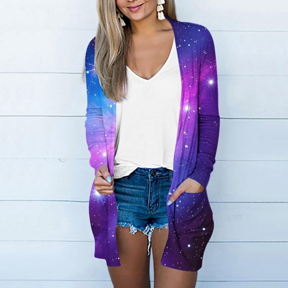 Qulqfy Women Sparkly Cardigans Long Sleeve Lightweight Open Front Tops Fall Womens Purple Cardigans with Pockets L