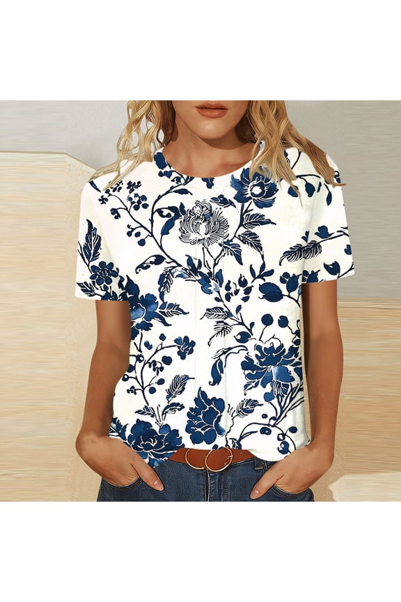 Women T Shirt Blue Crew Neck Smocked Short Sleeve Shirts Graphic Spring Summer Tees L