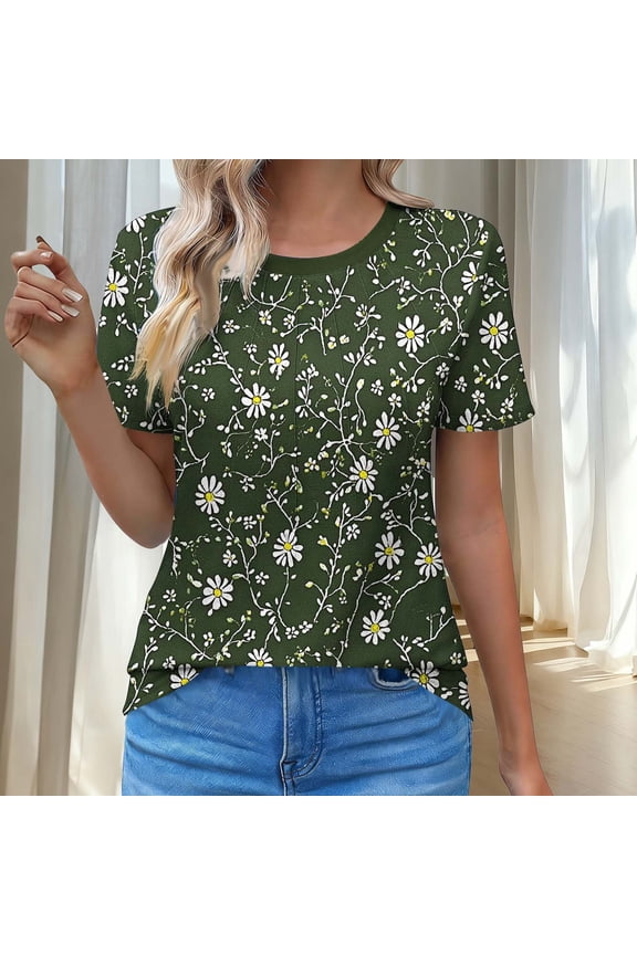 Women T Shirt Ruched Smocked Green Short Sleeve Shirts Summer Crew Neck Spring Tees XL