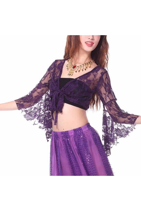 Women Tie Front Bolero Shrug Flare Sleeve Lace Purple Sheer Flowy Cardigans Womens Latin Dance Tops