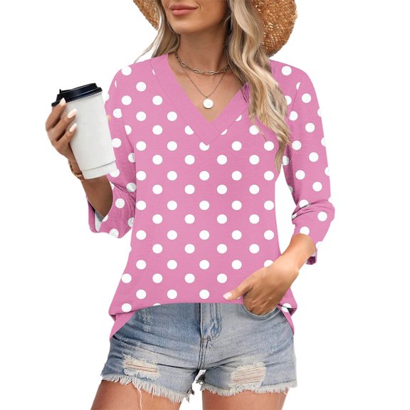 Qulqfy Women Tops 3/4 Length Sleeve Polka Dot Spring Shirts V Neck Dressy Casual Fall Going Out Tops Womens Blouses S