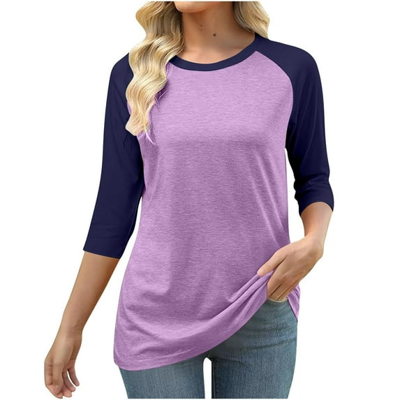 Qulqfy Women Tops 3/4 Sleeve Plus Size Spring Raglan Shirts Crew Neck Fall Tunic Color Block Tops Womens Blouses M