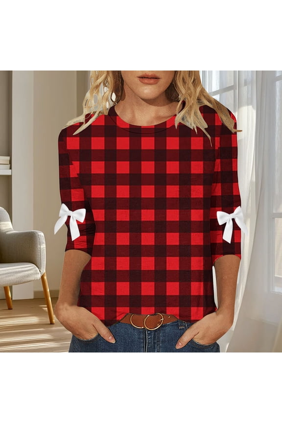Women Tops Plus Size Spring Plaid 3/4 Sleeve Shirts Fall with Bow Gingham Crew Neck Tops Womens Blouses 5XL