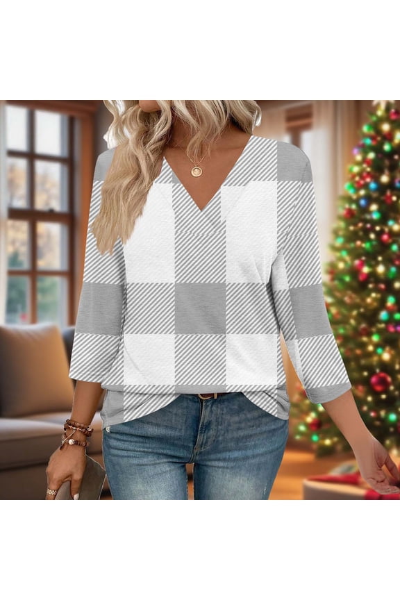 Women Tops Spring 3/4 Sleeve Plaid Shirts V Neck Dressy Casual Fall Tunic Tops Womens Blouses L