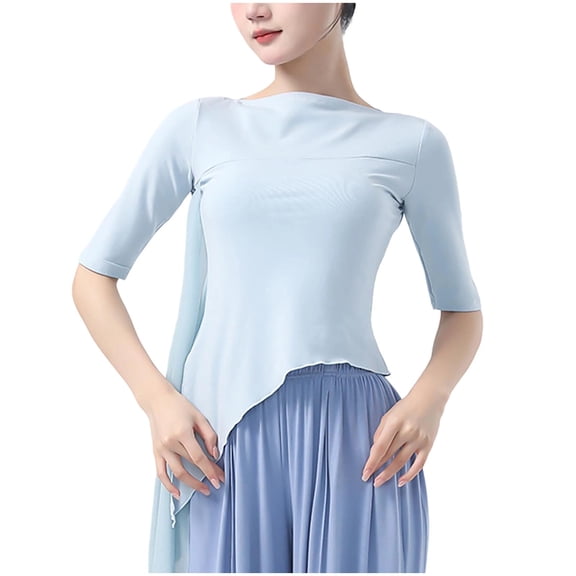 Qulqfy Women Tops Spring Chiffon Half Sleeve Shirts Crew Neck Tassel Fall Dance Flowy Tops Womens Blouses 3XL