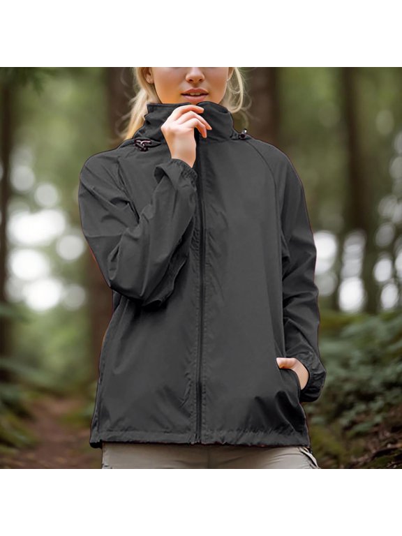 Women Waterproof Windbreaker Jackets Lightweight Hooded Black Zip Up Hiking Jackets Women's Nylon Raincoat XS