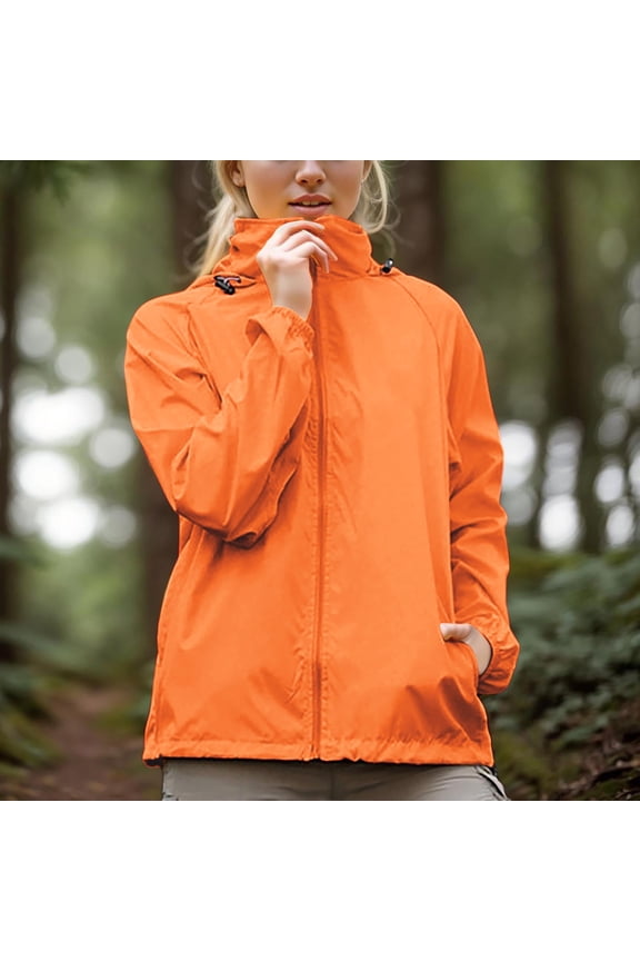 Women Waterproof Windbreaker Jackets Lightweight Orange Hooded Zip Up Nylon Jackets Hiking Raincoat for Women XL