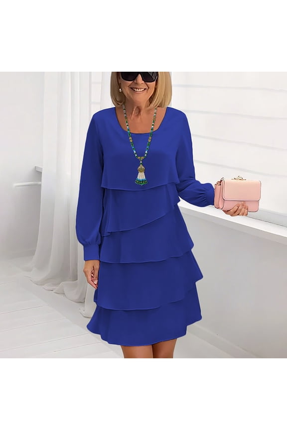 Women Wedding Guest Dress Mini Long Sleeve Blue Ruffle Crewneck Tiered Dresses Dress for Women XXL